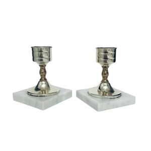 Vintage Gold Tone Square White Marble Base Candle Holders